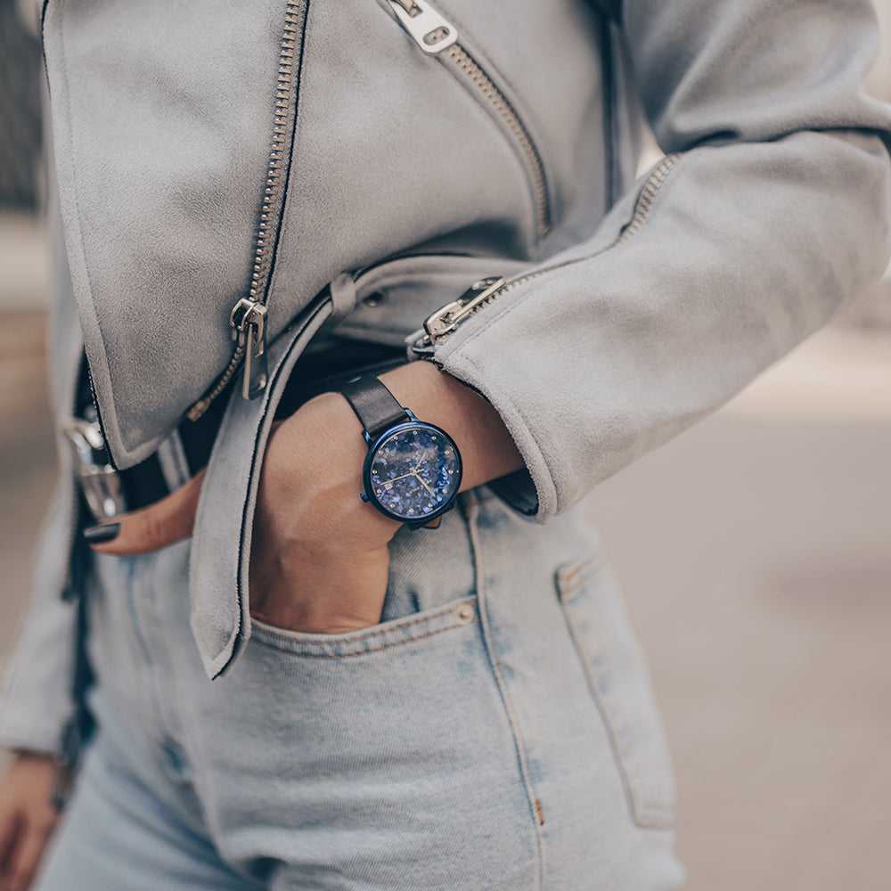ARIES GOLD ENCHANT FLEUR BLUE L 5035 PUR-TL LEATHER STRAP WOMEN'S WATCH - H2 Hub Watches