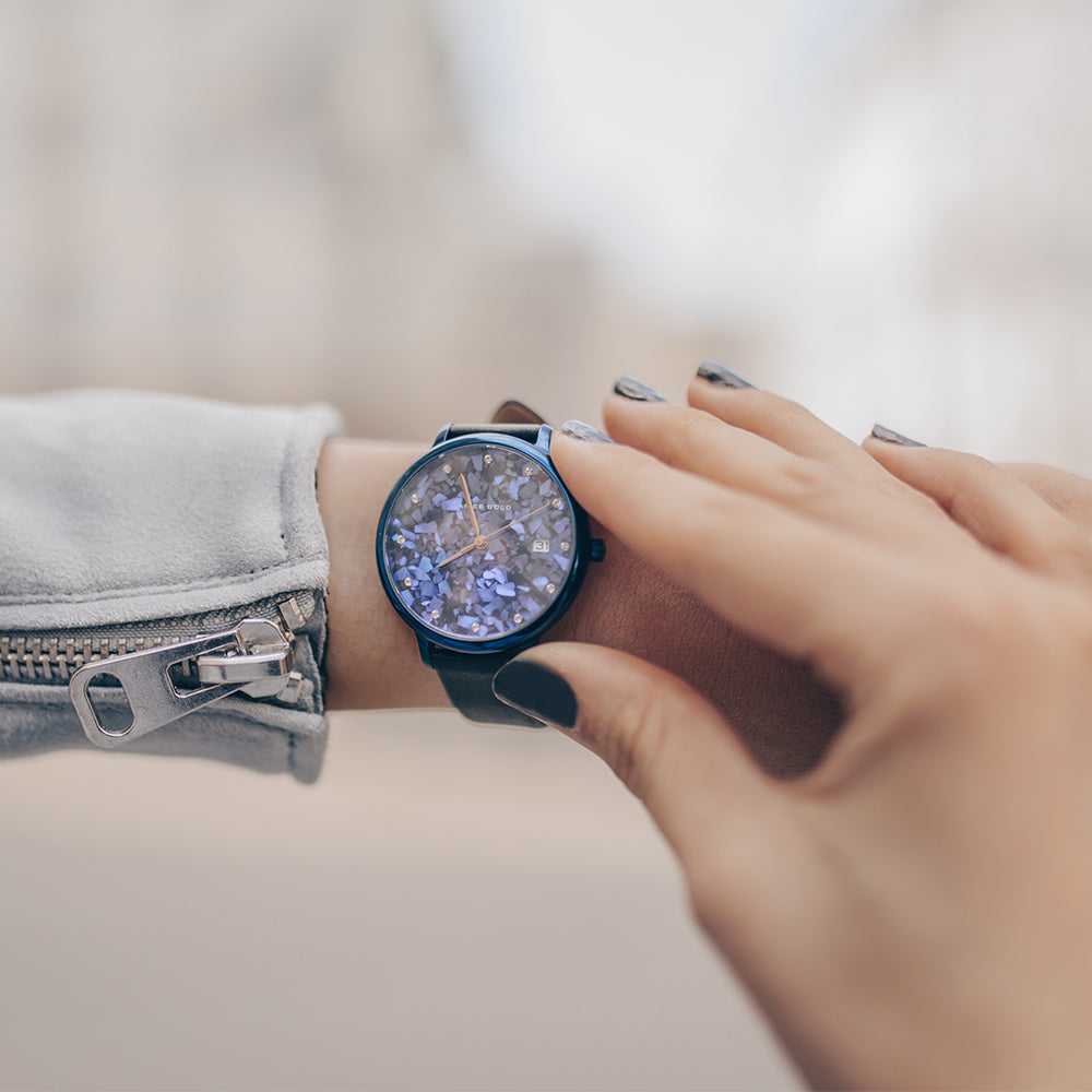 ARIES GOLD ENCHANT FLEUR BLUE L 5035 PUR-TL LEATHER STRAP WOMEN'S WATCH - H2 Hub Watches