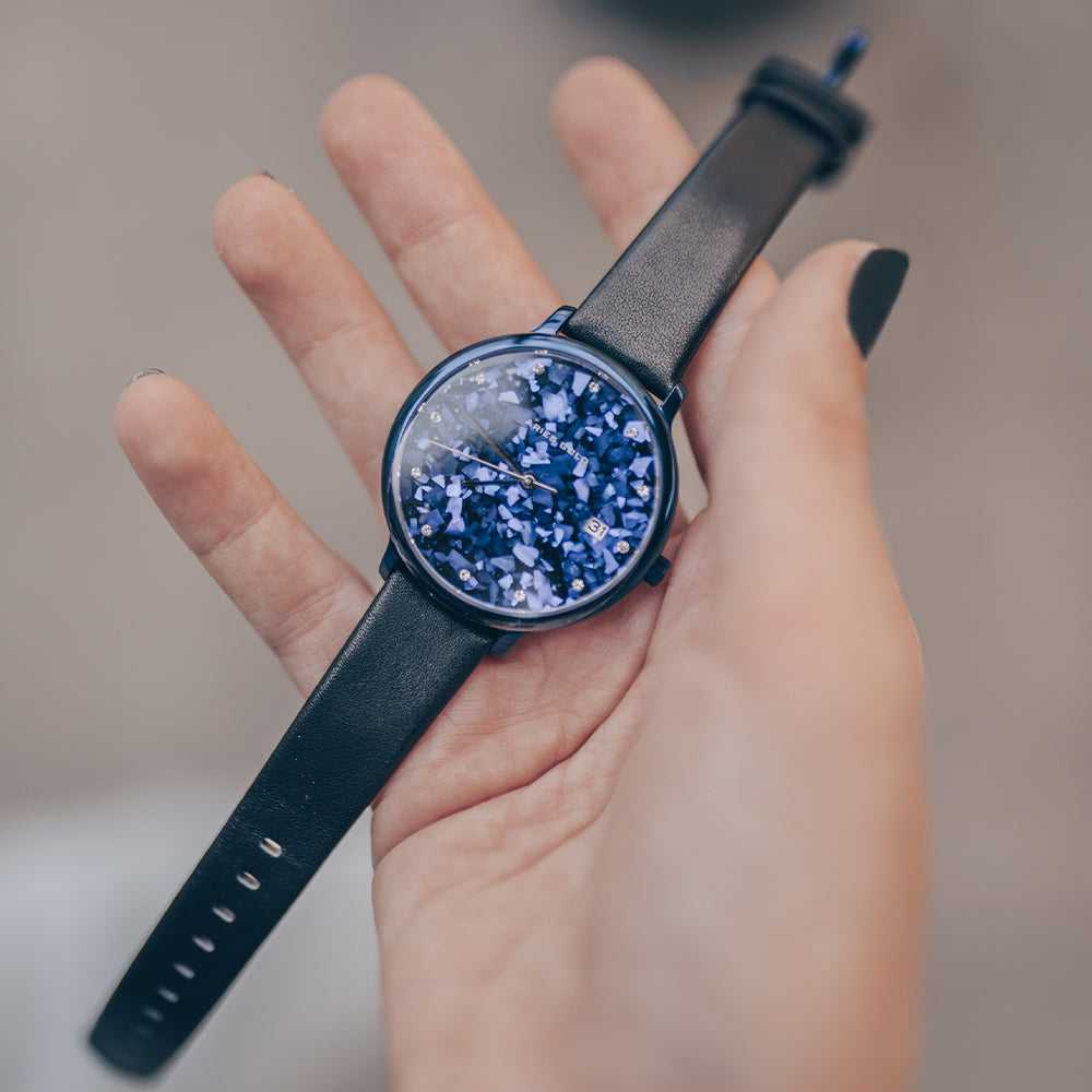 ARIES GOLD ENCHANT FLEUR BLUE L 5035 PUR-TL LEATHER STRAP WOMEN'S WATCH - H2 Hub Watches