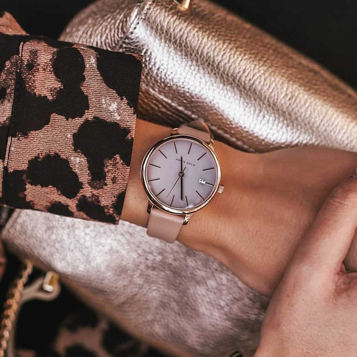 ARIES GOLD ENCHANT FLEUR ROSE GOLD STAINLESS STEEL L 5035 RG-GY LEATHER STRAP WOMEN'S WATCH - H2 Hub Watches