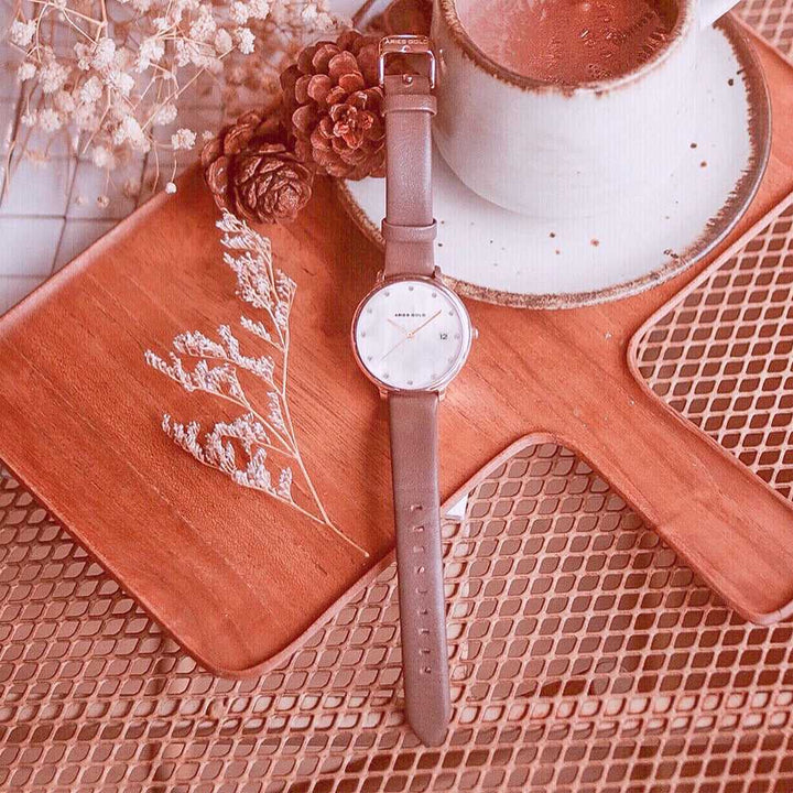 ARIES GOLD ENCHANT FLEUR ROSE GOLD STAINLESS STEEL L 5035 RG-MP LEATHER STRAP WOMEN'S WATCH - H2 Hub Watches