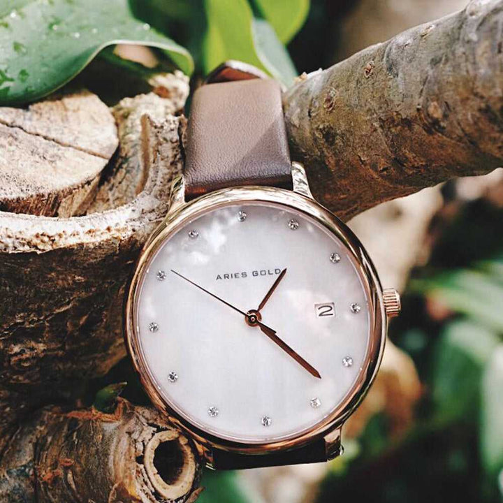 ARIES GOLD ENCHANT FLEUR ROSE GOLD STAINLESS STEEL L 5035 RG-MP LEATHER STRAP WOMEN'S WATCH - H2 Hub Watches