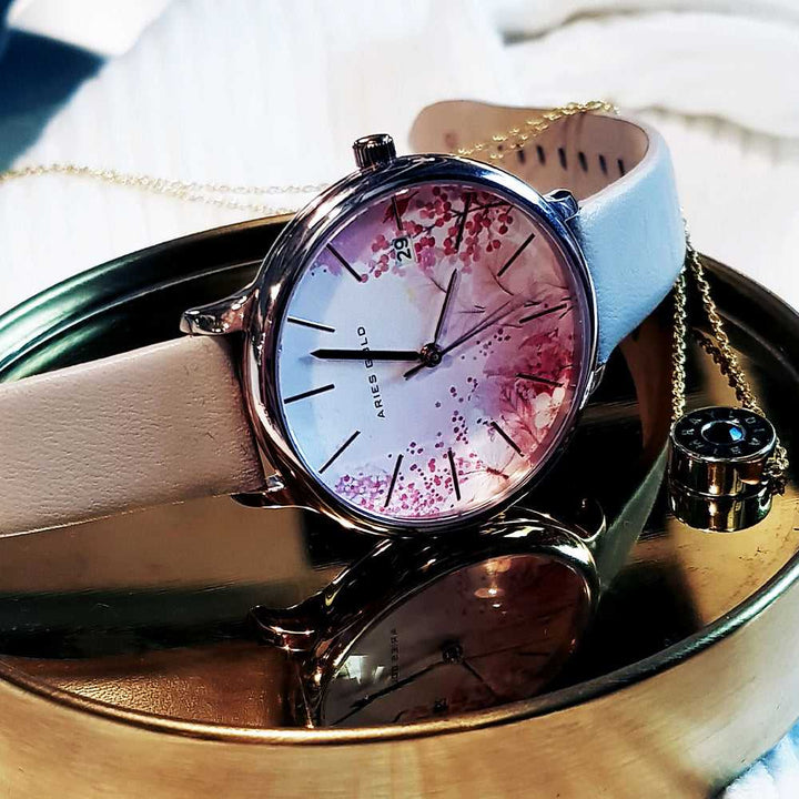 ARIES GOLD ENCHANT FLEUR ROSE GOLD STAINLESS STEEL L 5035 RG-PKFL LEATHER STRAP WOMEN'S WATCH - H2 Hub Watches
