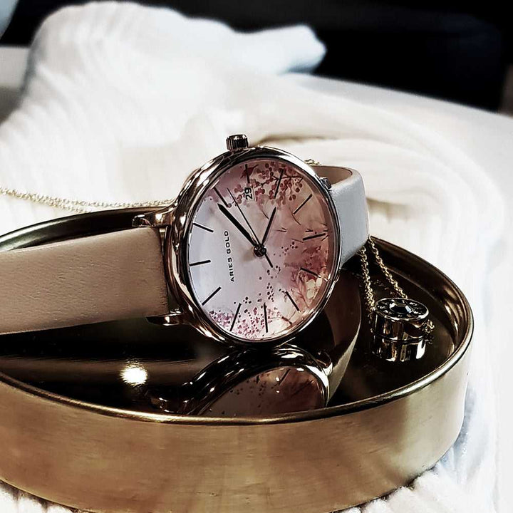 ARIES GOLD ENCHANT FLEUR ROSE GOLD STAINLESS STEEL L 5035 RG-PKFL LEATHER STRAP WOMEN'S WATCH - H2 Hub Watches