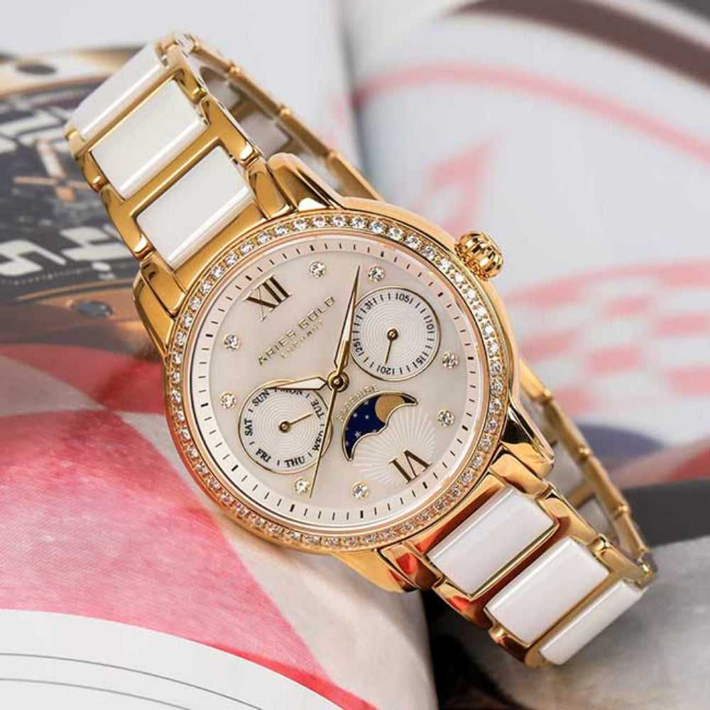 ARIES GOLD ENCHANT LUNA GOLD STAINLESS STEEL L 58010L G-MP WHITE CERAMIC WOMEN'S WATCH - H2 Hub Watches