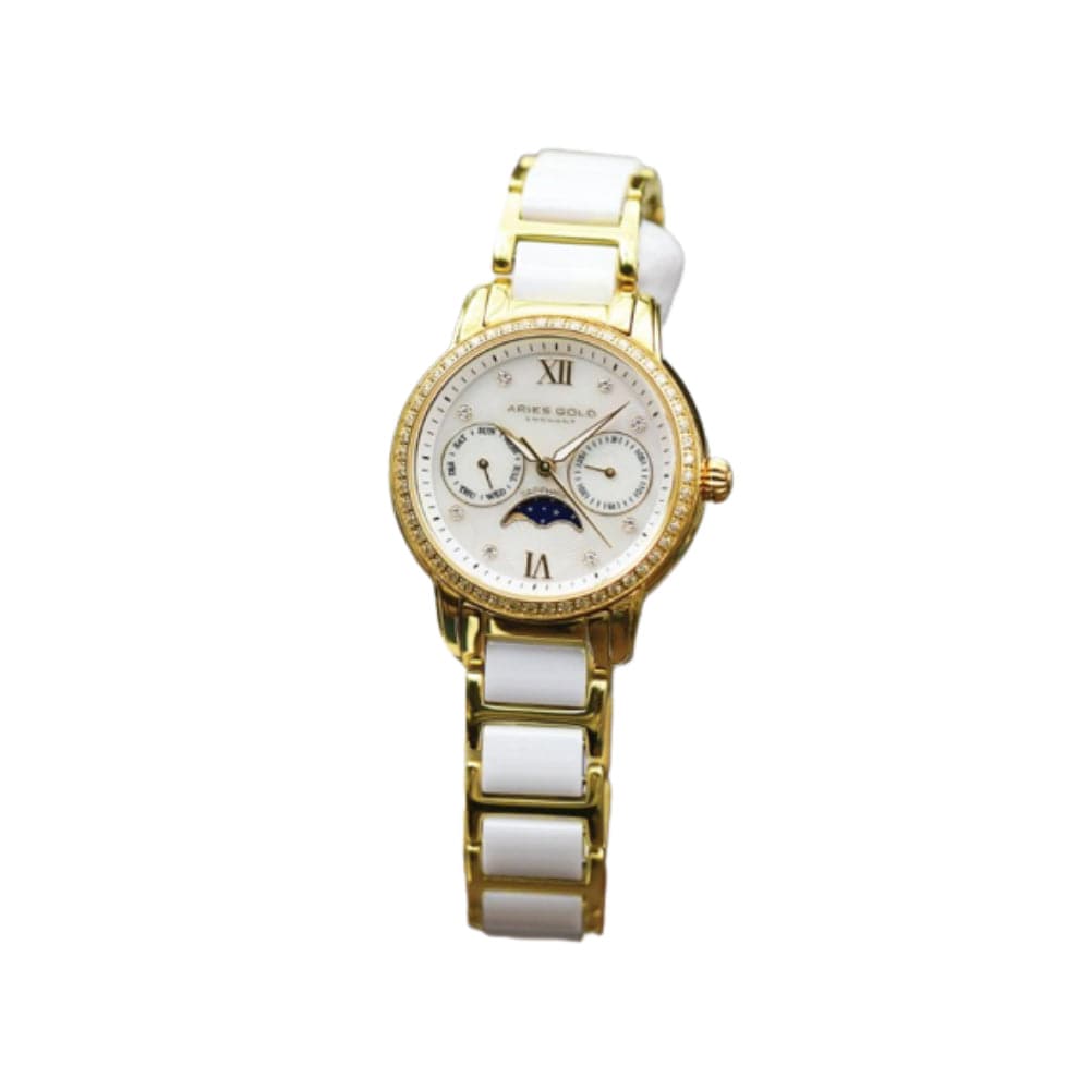 ARIES GOLD ENCHANT LUNA GOLD STAINLESS STEEL L 58010L G-MP WHITE CERAMIC WOMEN'S WATCH - H2 Hub Watches