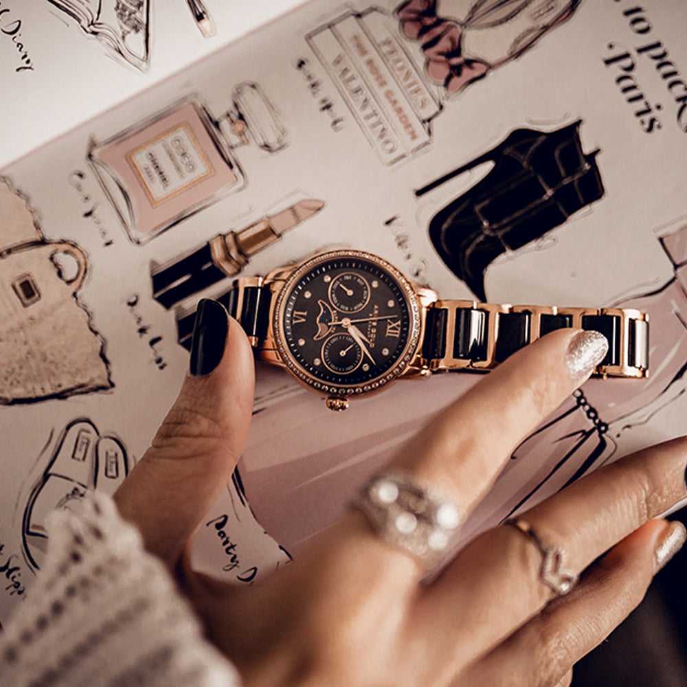ARIES GOLD ENCHANT LUNA ROSE GOLD STAINLESS STEEL L 58010L RG-BKMP BLACK CERAMIC WOMEN'S WATCH - H2 Hub Watches