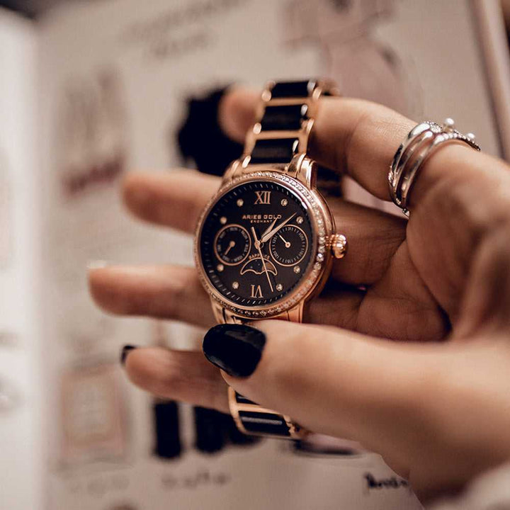 ARIES GOLD ENCHANT LUNA ROSE GOLD STAINLESS STEEL L 58010L RG-BKMP BLACK CERAMIC WOMEN'S WATCH - H2 Hub Watches