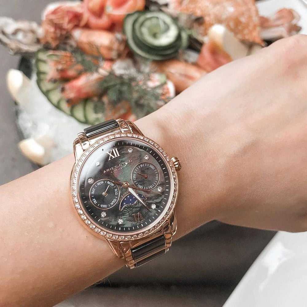 ARIES GOLD ENCHANT LUNA ROSE GOLD STAINLESS STEEL L 58010L RG-BKMP BLACK CERAMIC WOMEN'S WATCH - H2 Hub Watches