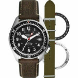 FOSSIL LE1062P DEFENDER SILVER ROUND THREE HAND BLACK DIAL BROWN LEATHER MEN'S WATCH