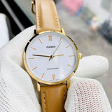 Casio General White Dial Brown Leather Strap Women Watch LTP-VT01GL-7BUDF-P