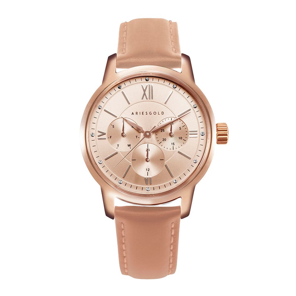 ARIES GOLD URBAN ETERNAL ROSE GOLD STAINLESS STEEL L 1028 RG-BEI DUSTY PINK LEATHER STRAP WOMEN'S WATCH - H2 Hub Watches
