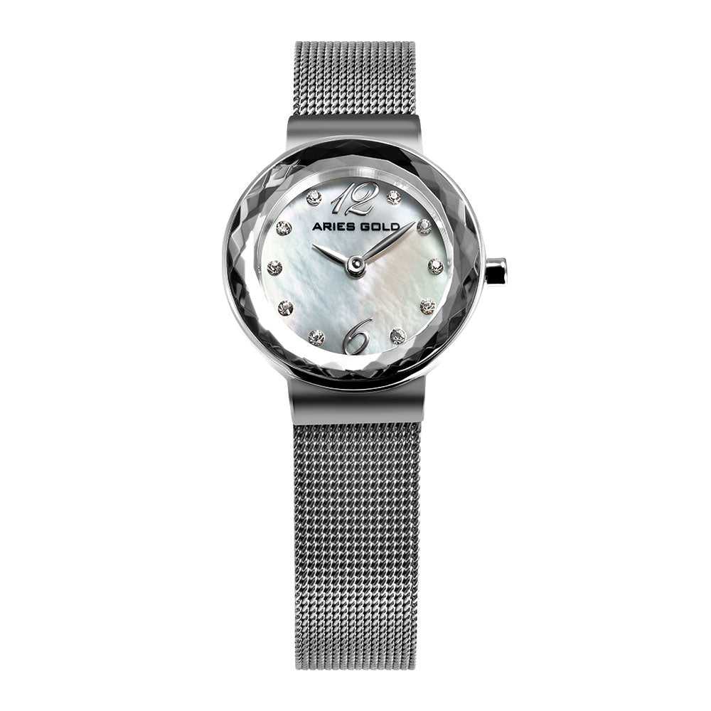 ARIES GOLD ENCHANT JEWEL SILVER STAINLESS STEEL L 5026 S-MOP MESH STRAP WOMEN'S WATCH - H2 Hub Watches