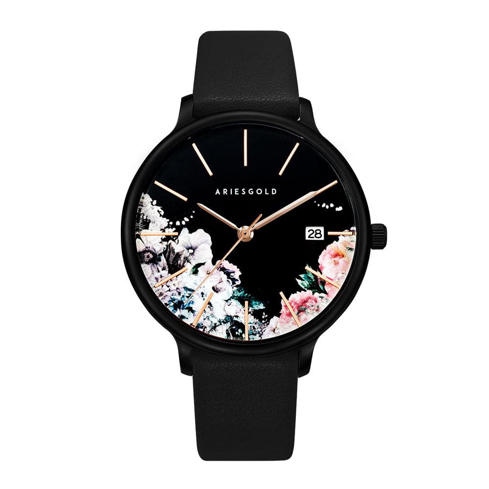 ARIES GOLD ENCHANT FLEUR BLACK STAINLESS STEEL L 5035A BK-BKFL BLACK LEATHER STRAP WOMEN'S WATCH - H2 Hub Watches