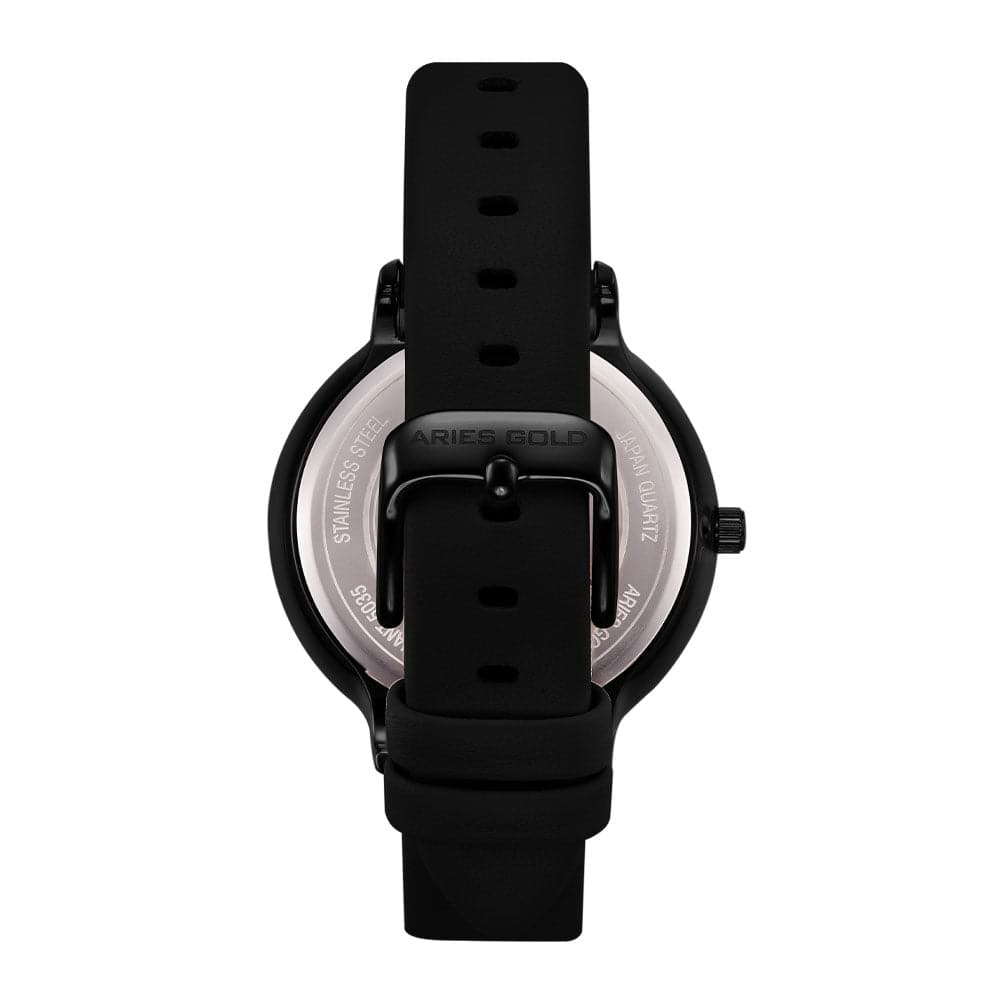 ARIES GOLD ENCHANT FLEUR BLACK STAINLESS STEEL L 5035A BK-BKFL BLACK LEATHER STRAP WOMEN'S WATCH - H2 Hub Watches