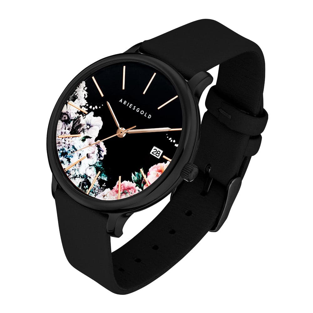 ARIES GOLD ENCHANT FLEUR BLACK STAINLESS STEEL L 5035A BK-BKFL BLACK LEATHER STRAP WOMEN'S WATCH - H2 Hub Watches