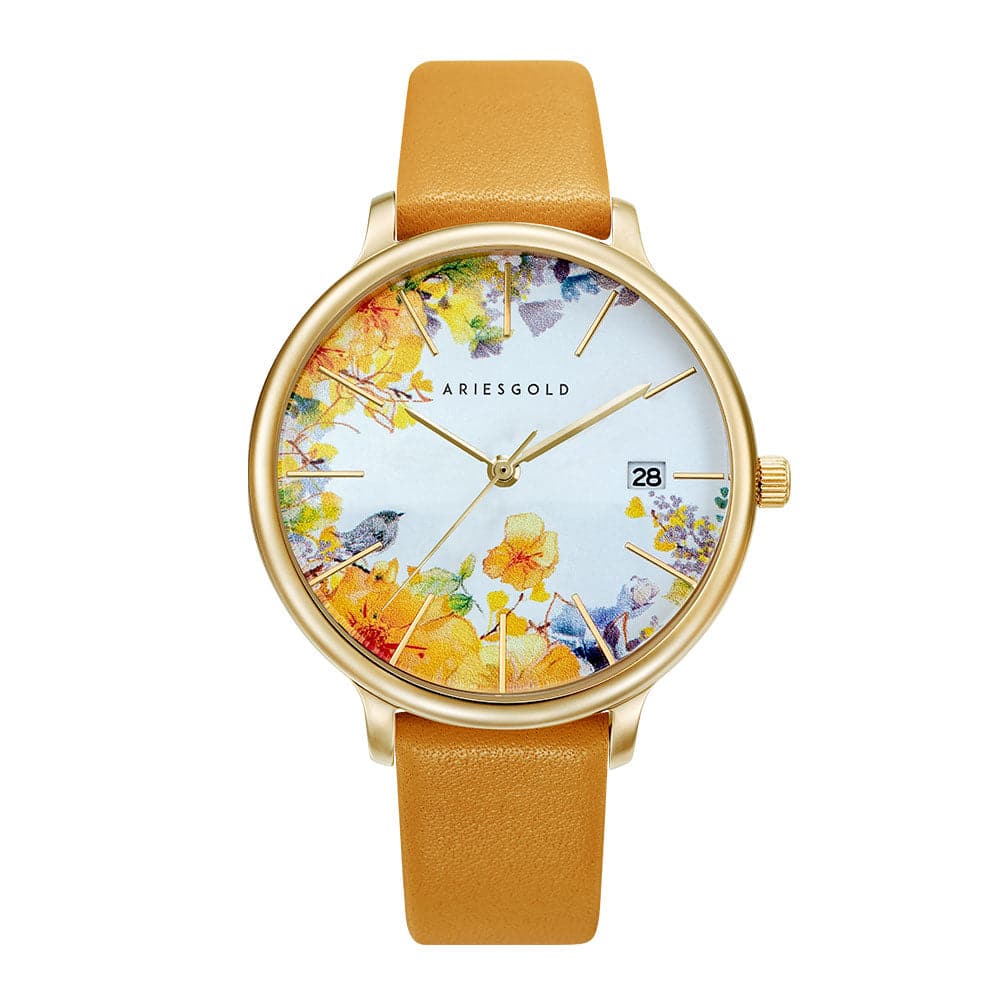 ARIES GOLD ENCHANT FLEUR GOLD STAINLESS STEEL L 5035A G-YFL MUSTARD YELLOW LEATHER STRAP WOMEN'S WATCH - H2 Hub Watches
