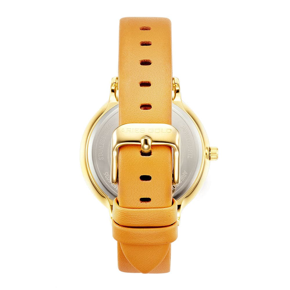 ARIES GOLD ENCHANT FLEUR GOLD STAINLESS STEEL L 5035A G-YFL MUSTARD YELLOW LEATHER STRAP WOMEN'S WATCH - H2 Hub Watches