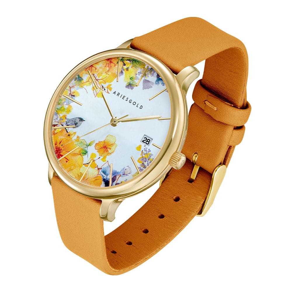 ARIES GOLD ENCHANT FLEUR GOLD STAINLESS STEEL L 5035A G-YFL MUSTARD YELLOW LEATHER STRAP WOMEN'S WATCH - H2 Hub Watches
