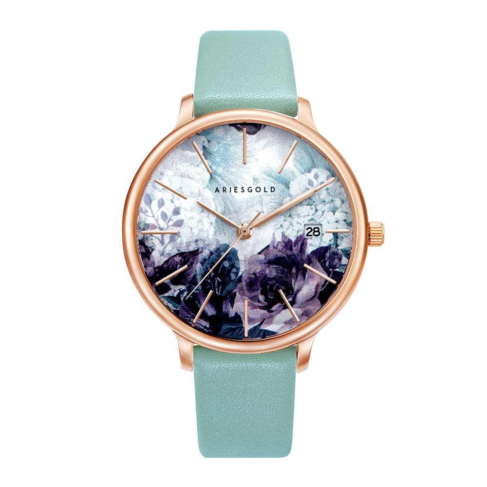 ARIES GOLD ENCHANT FLEUR ROSE GOLD STAINLESS STEEL L 5035A RG-GNFL TURQUOISE LEATHER STRAP WOMEN'S WATCH - H2 Hub Watches