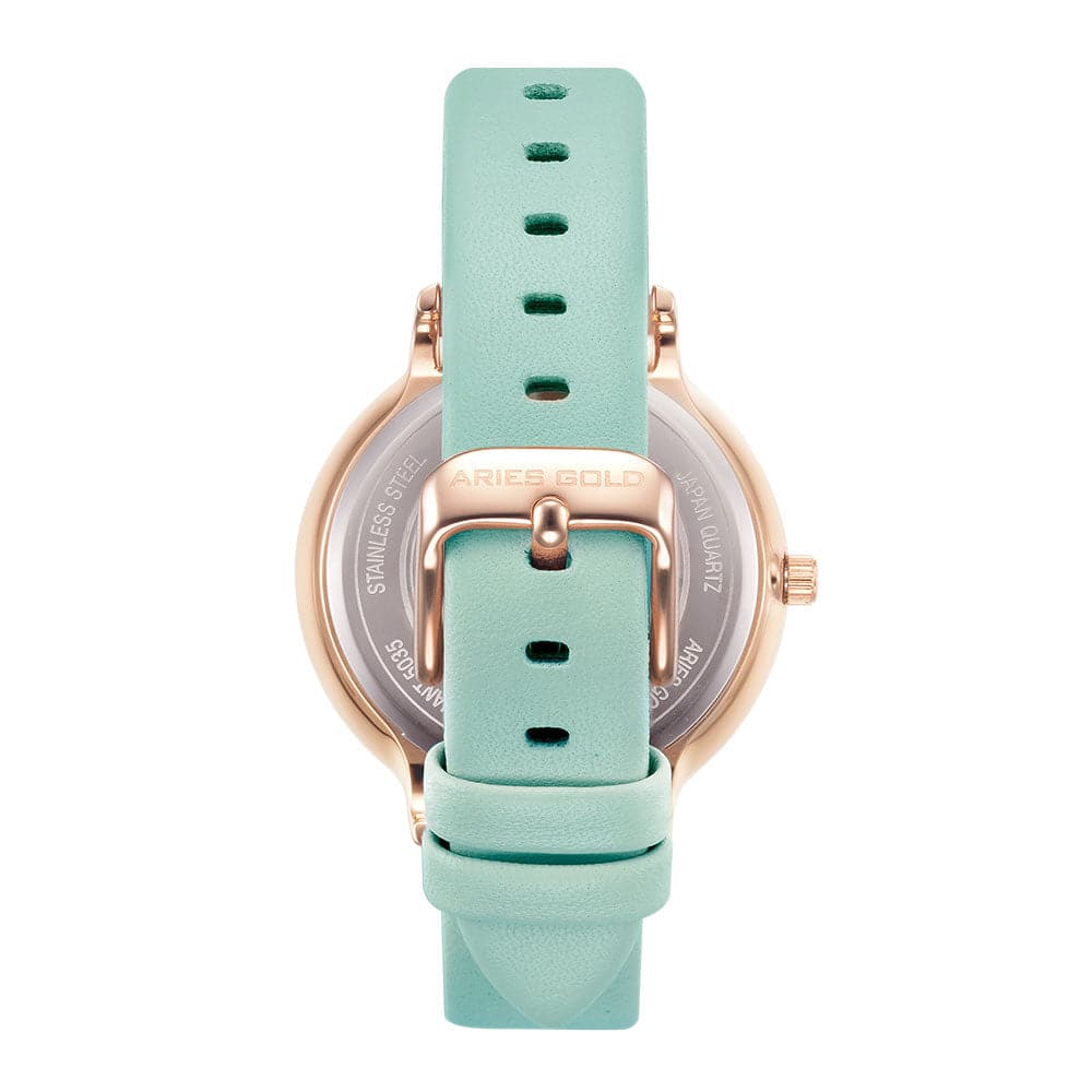 ARIES GOLD ENCHANT FLEUR ROSE GOLD STAINLESS STEEL L 5035A RG-GNFL TURQUOISE LEATHER STRAP WOMEN'S WATCH - H2 Hub Watches