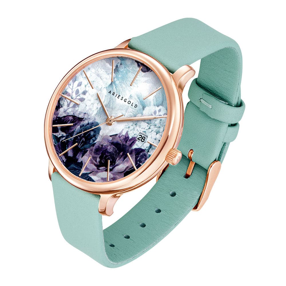 ARIES GOLD ENCHANT FLEUR ROSE GOLD STAINLESS STEEL L 5035A RG-GNFL TURQUOISE LEATHER STRAP WOMEN'S WATCH - H2 Hub Watches
