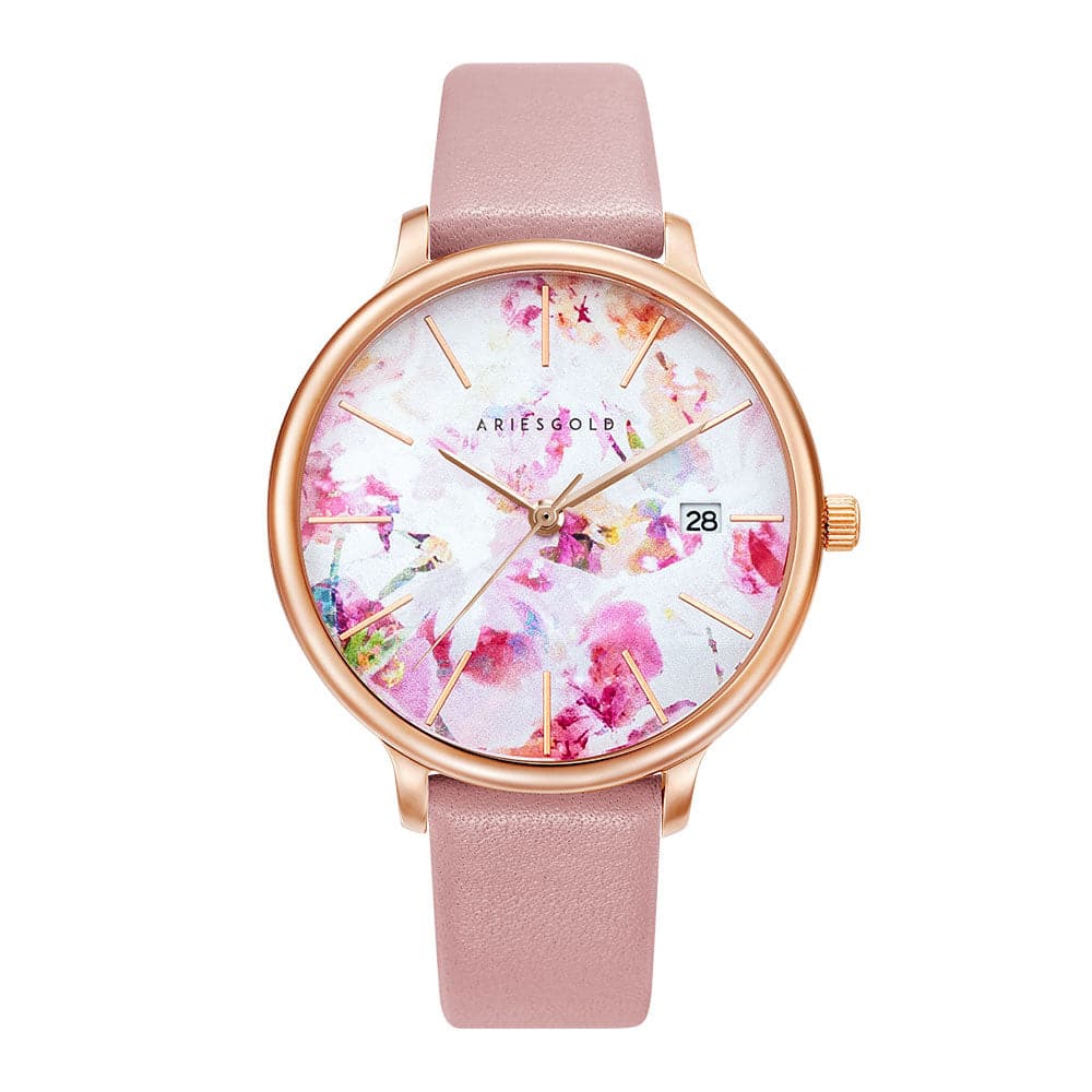 ARIES GOLD ENCHANT FLEUR ROSE GOLD STAINLESS STEEL L 5035A RG-PIFL PINK LEATHER STRAP WOMEN'S WATCH - H2 Hub Watches