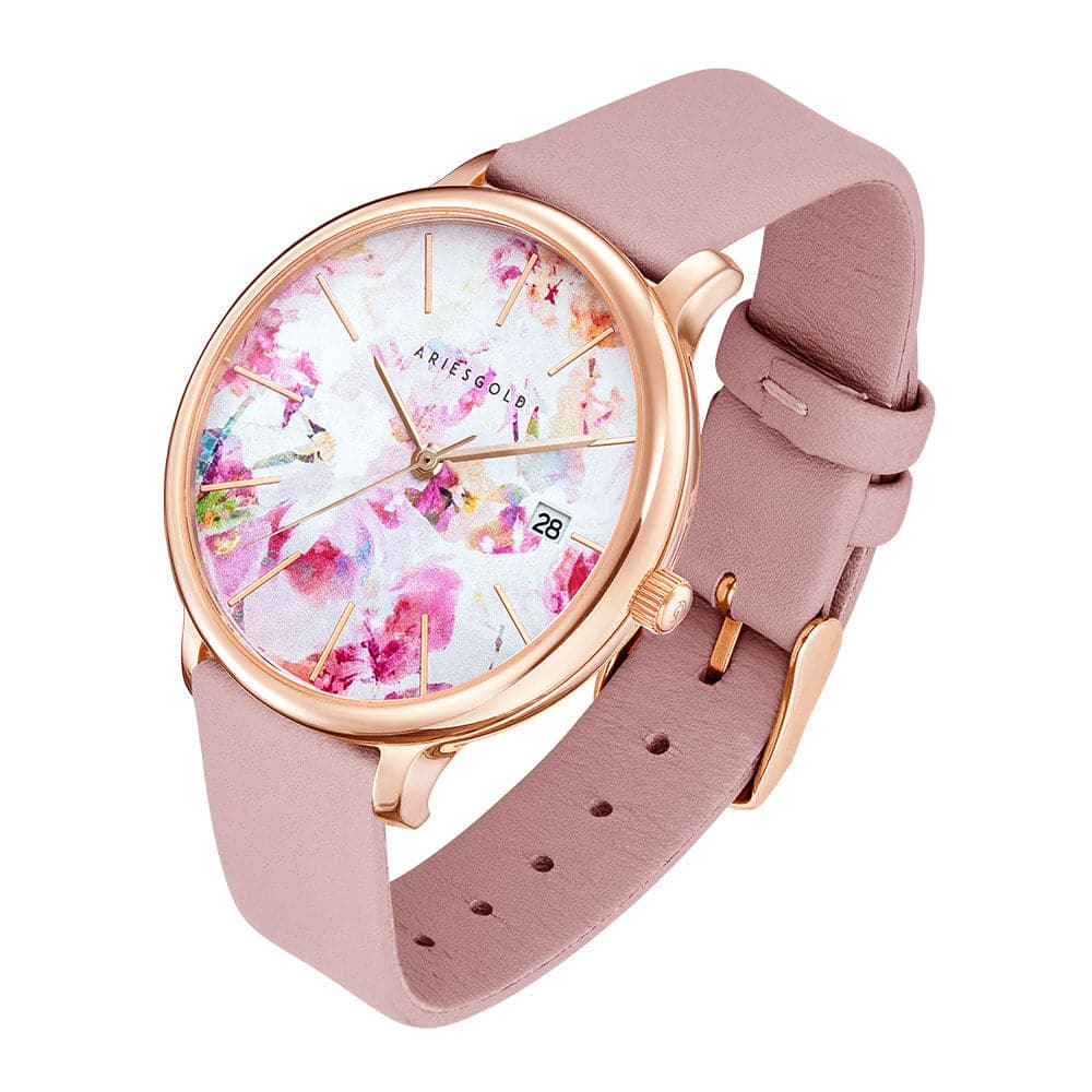 ARIES GOLD ENCHANT FLEUR ROSE GOLD STAINLESS STEEL L 5035A RG-PIFL PINK LEATHER STRAP WOMEN'S WATCH - H2 Hub Watches