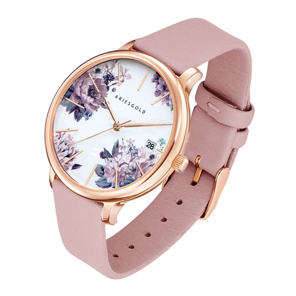 ARIES GOLD ENCHANT FLEUR ROSE GOLD STAINLESS STEEL L 5035A RG-PUFL PINK LEATHER STRAP WOMEN'S WATCH - H2 Hub Watches