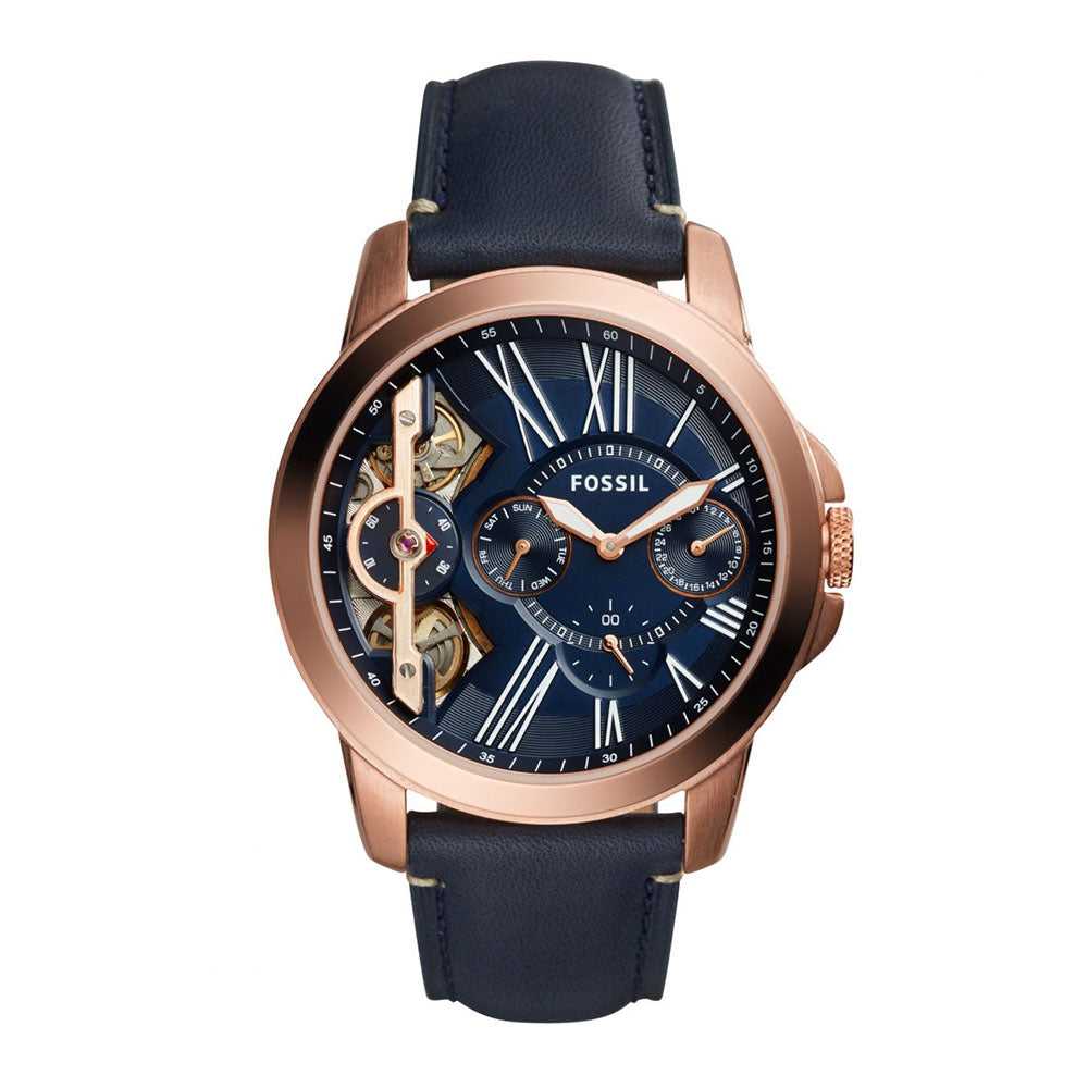 FOSSIL GRANT AUTOMATIC ROSE GOLD STAINLESS STEEL ME1162 BLUE LEATHER STRAP MEN'S WATCH - H2 Hub Watches