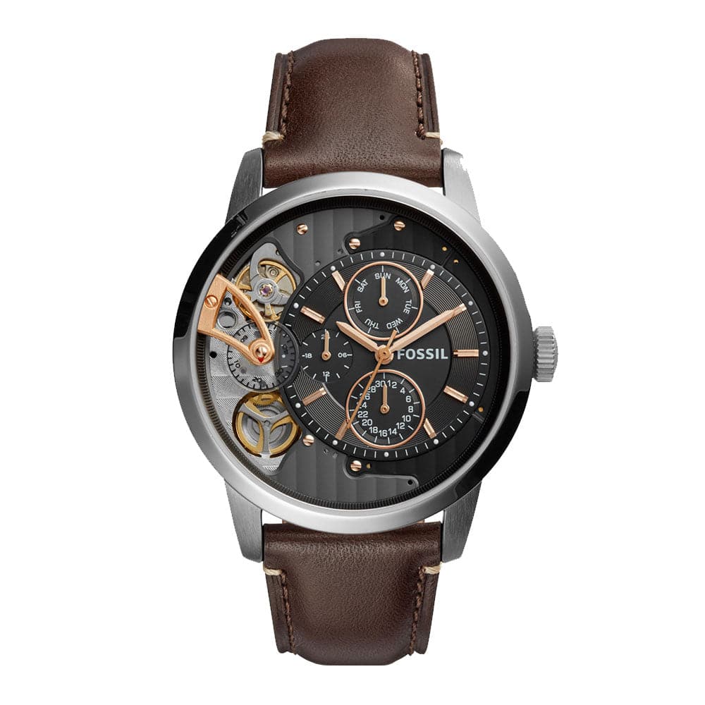 FOSSIL TOWNSMAN TWIST SILVER STAINLESS STEEL ME1163 BROWN LEATHER STRAP MEN'S WATCH - H2 Hub Watches