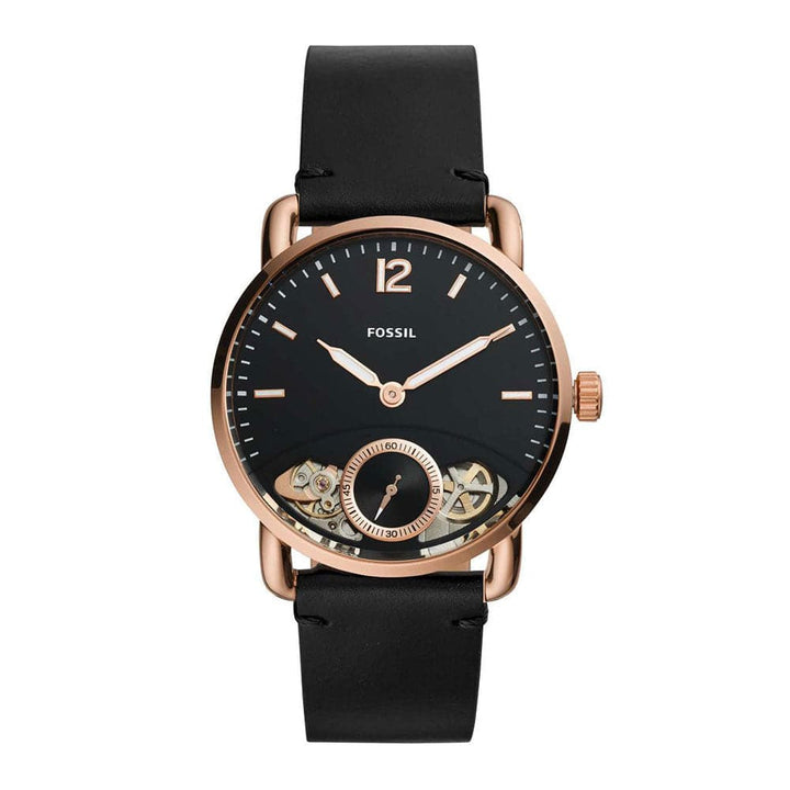 FOSSIL COMMUTER AUTOMATIC ROSE GOLD STAINLESS STEEL ME1168 BLACK LEATHER STRAP MEN'S WATCH - H2 Hub Watches