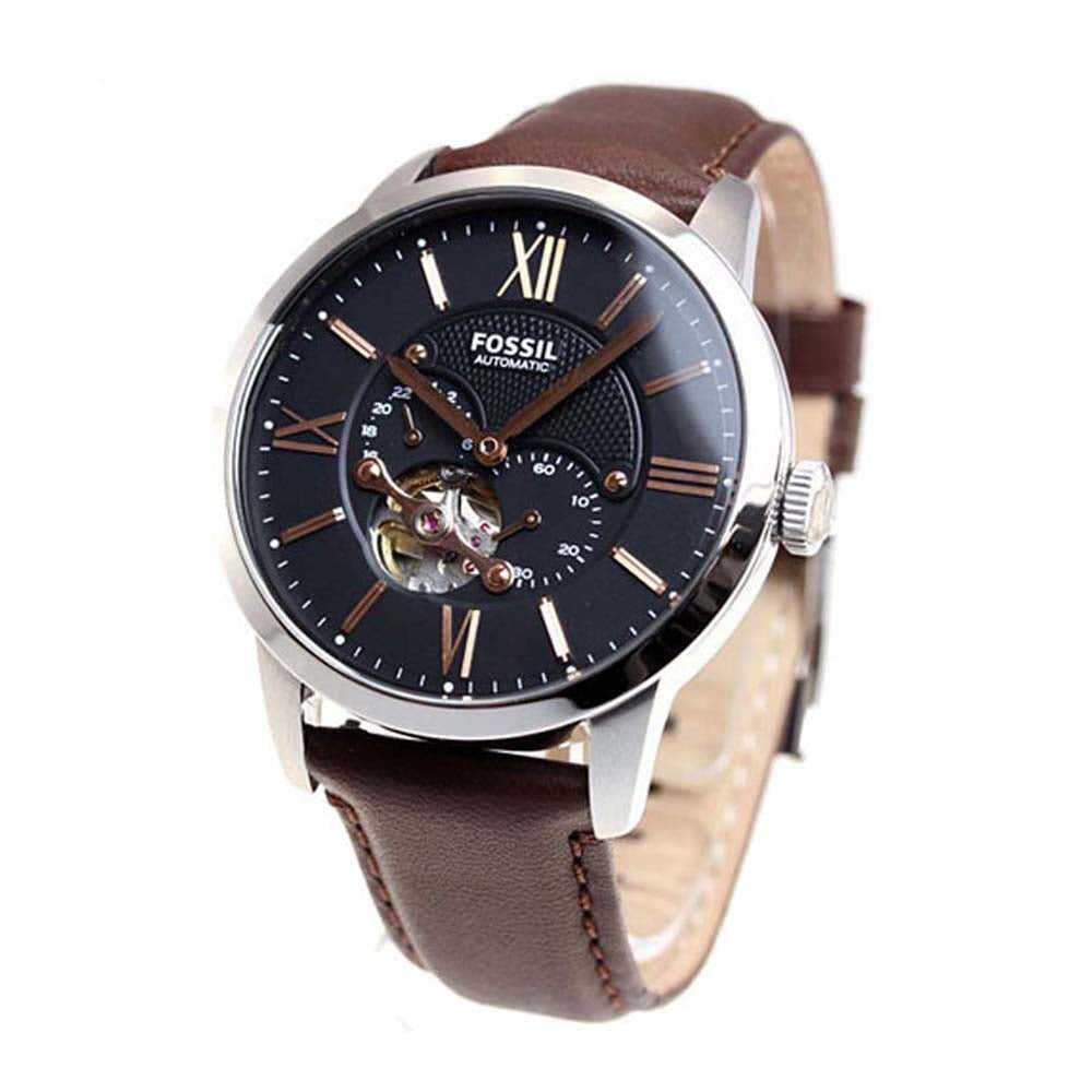 FOSSIL TOWNSMAN AUTOMATIC SILVER STAINLESS STEEL ME3061 BROWN LEATHER STRAP MEN'S WATCH - H2 Hub Watches