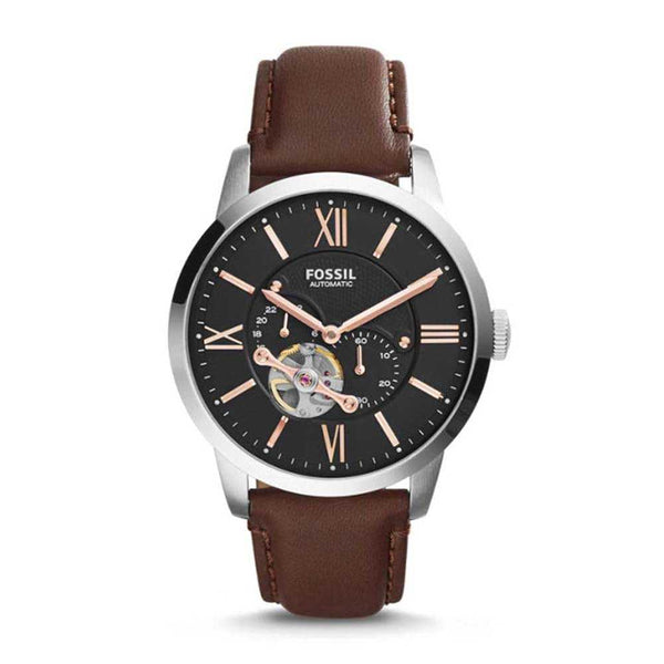 FOSSIL TOWNSMAN AUTOMATIC SILVER STAINLESS STEEL ME3061 BROWN LEATHER STRAP MEN'S WATCH - H2 Hub Watches
