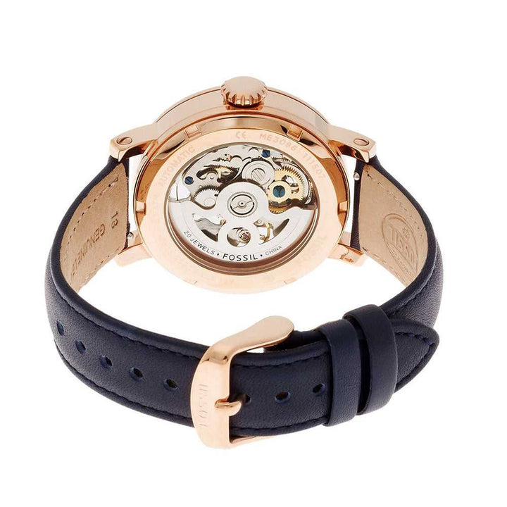 FOSSIL ORIGINAL BOYFRIEND AUTOMATIC ROSE GOLD STAINLESS STEEL ME3086 BLUE LEATHER STRAP WOMEN'S WATCH - H2 Hub Watches