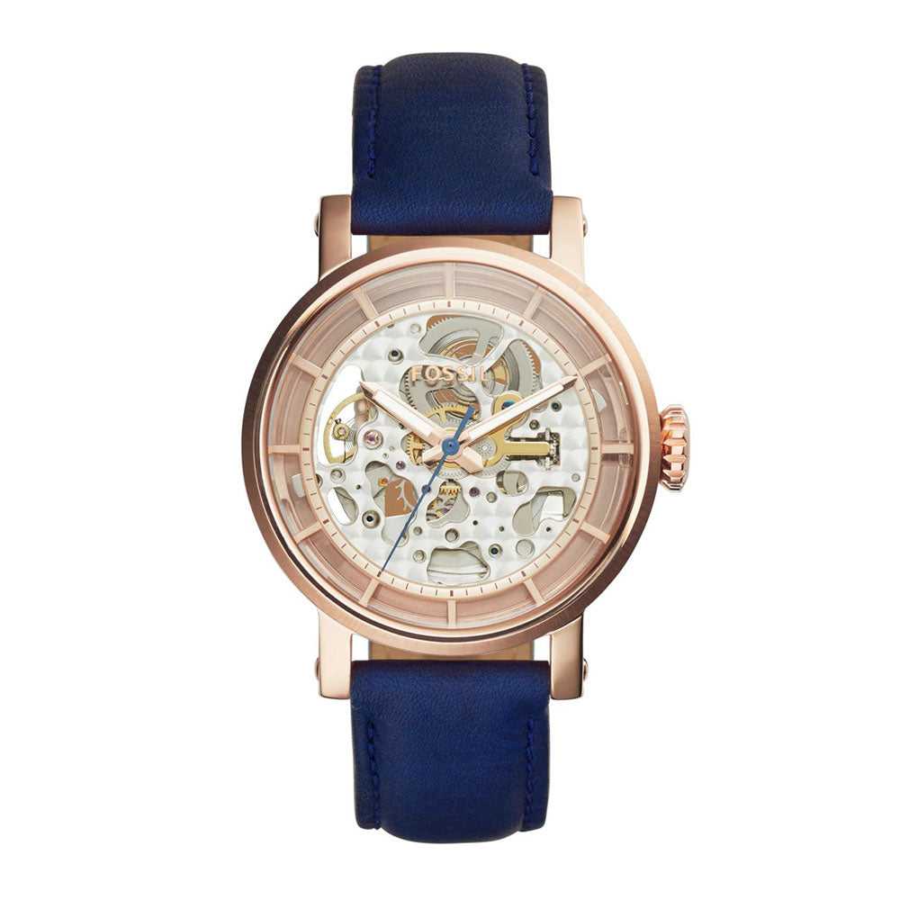 FOSSIL ORIGINAL BOYFRIEND AUTOMATIC ROSE GOLD STAINLESS STEEL ME3086 BLUE LEATHER STRAP WOMEN'S WATCH - H2 Hub Watches