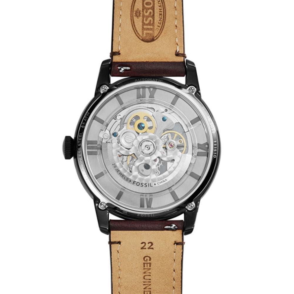FOSSIL TOWNSMAN AUTOMATIC BLACK STAINLESS STEEL ME3098 BROWN LEATHER STRAP MEN'S WATCH - H2 Hub Watches