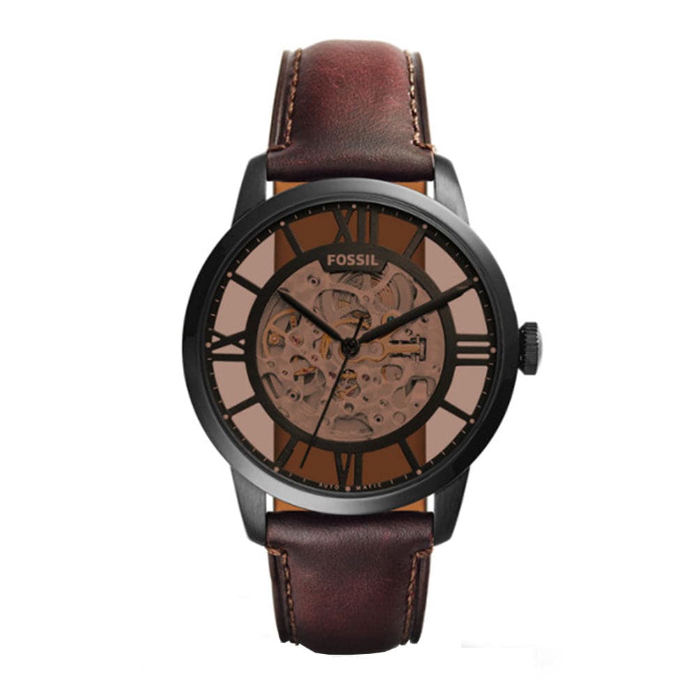 FOSSIL TOWNSMAN AUTOMATIC BLACK STAINLESS STEEL ME3098 BROWN LEATHER STRAP MEN'S WATCH - H2 Hub Watches