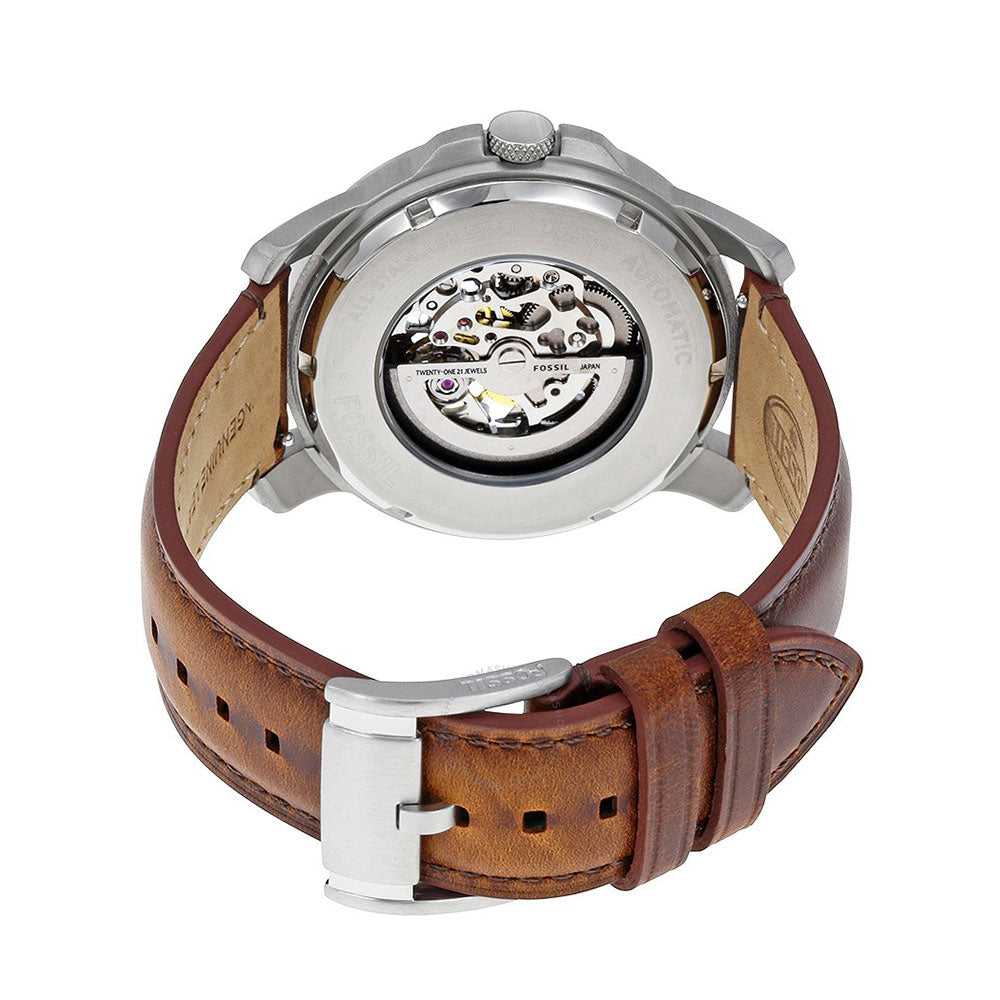 FOSSIL GRANT AUTOMATIC SILVER STAINLESS STEEL ME3099 BROWN LEATHER STRAP MEN'S WATCH - H2 Hub Watches