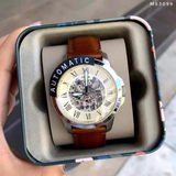 FOSSIL GRANT AUTOMATIC SILVER STAINLESS STEEL ME3099 BROWN LEATHER STRAP MEN'S WATCH