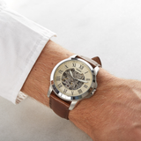 FOSSIL GRANT AUTOMATIC SILVER STAINLESS STEEL ME3099 BROWN LEATHER STRAP MEN'S WATCH