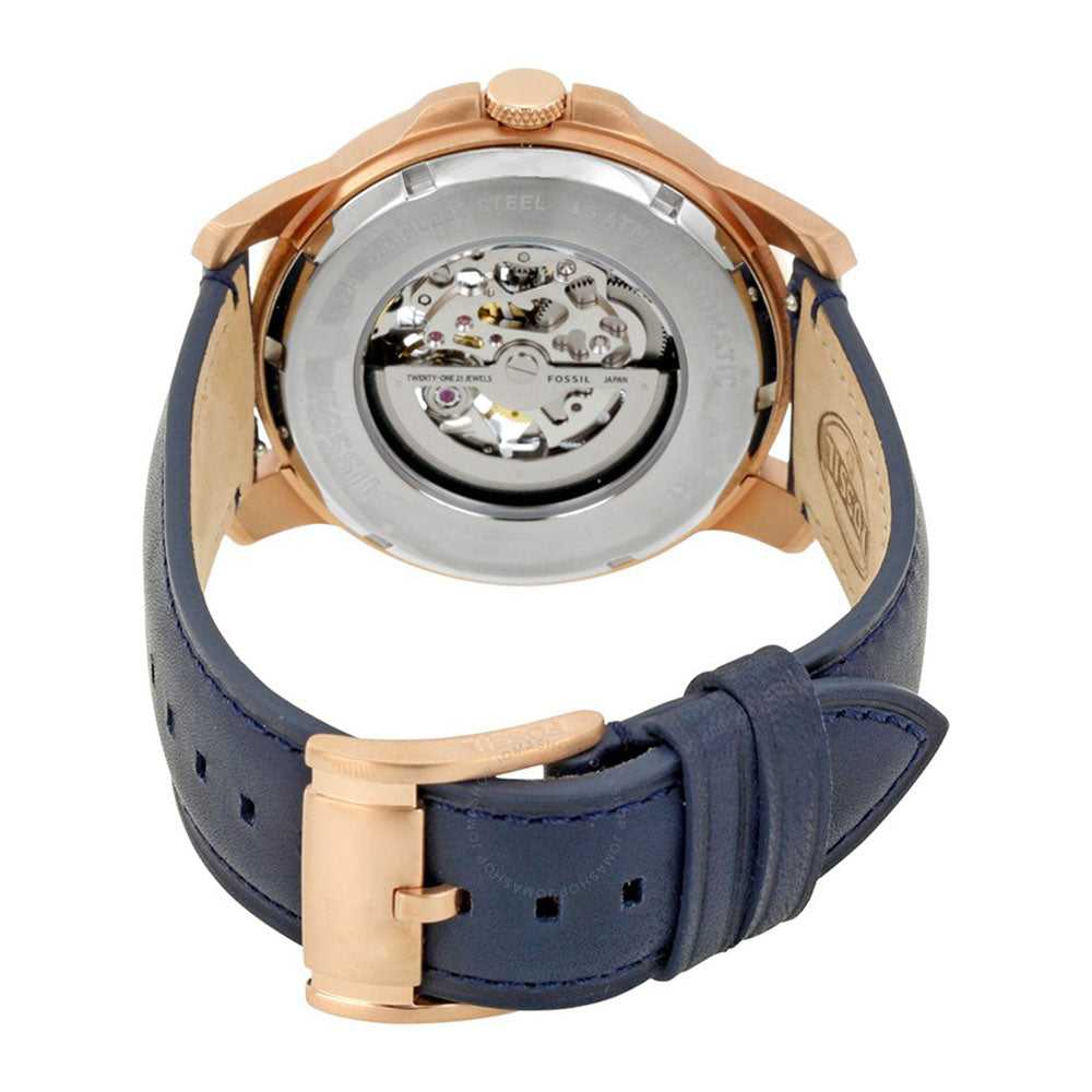 FOSSIL GRANT SKELETON AUTOMATIC ROSE GOLD STAINLESS STEEL ME3102 BLUE LEATHER STRAP MEN'S WATCH - H2 Hub Watches