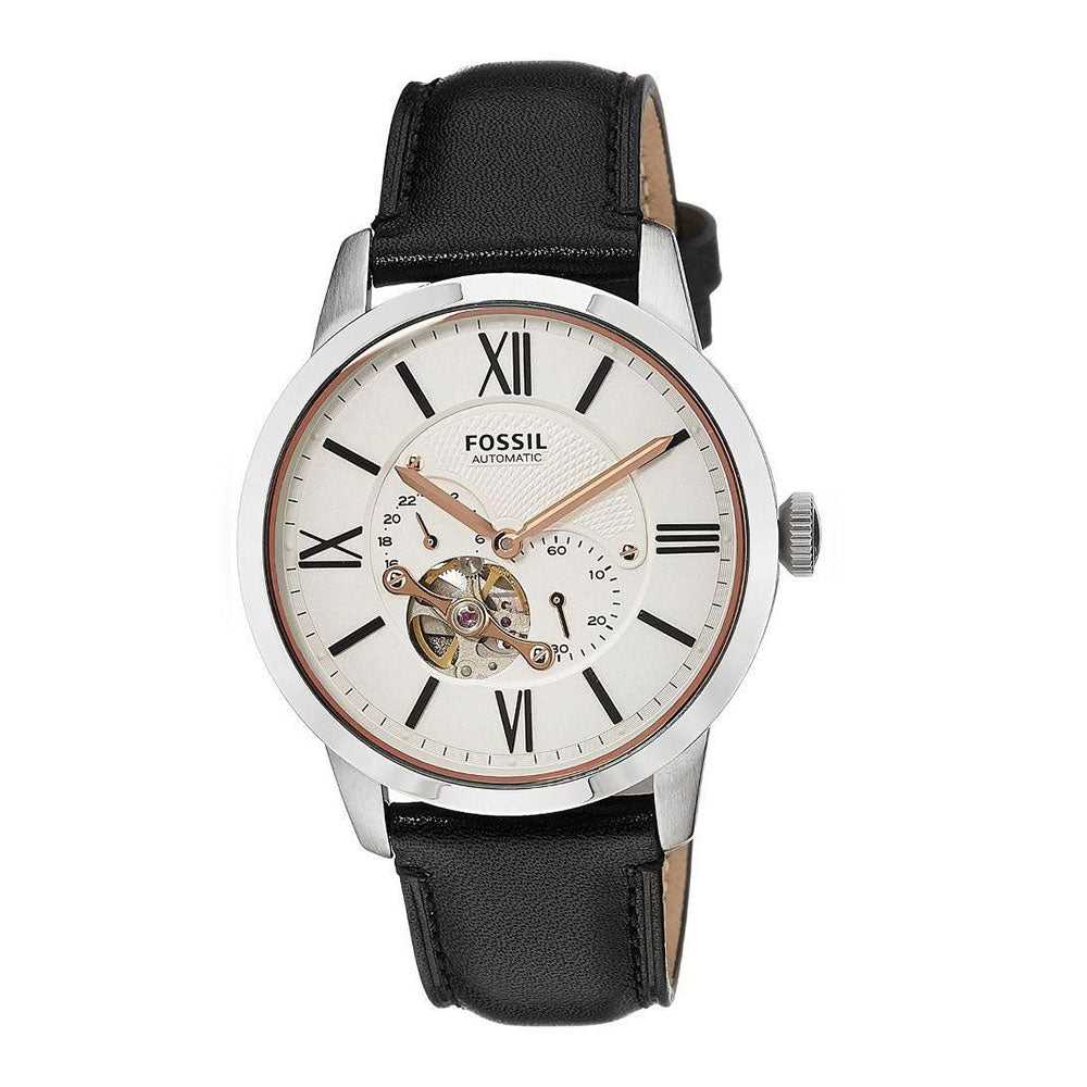 FOSSIL TOWNSMAN AUTOMATIC SILVER STAINLESS STEEL ME3104 BLACK LEATHER STRAP MEN'S WATCH - H2 Hub Watches