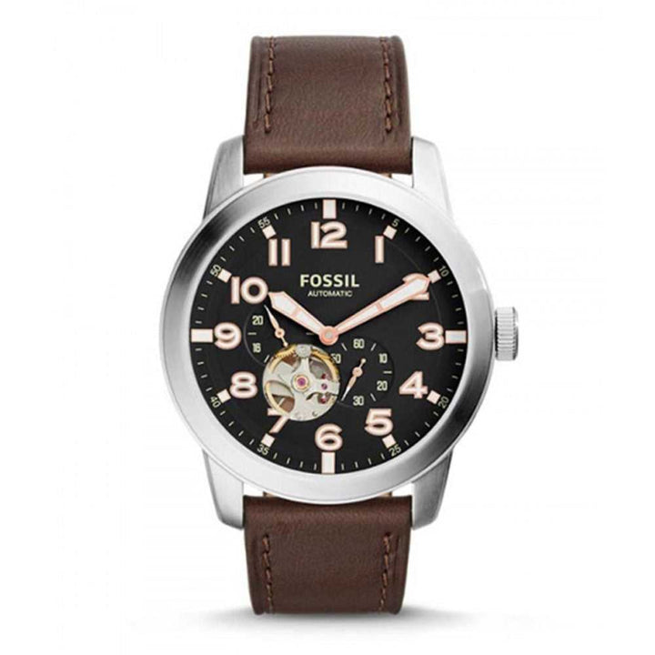 FOSSIL PILOT AUTOMATIC SILVER STAINLESS STEEL ME3118 BROWN LEATHER STRAP MEN'S WATCH - H2 Hub Watches