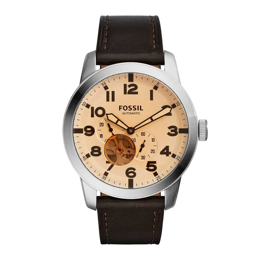 FOSSIL PILOT AUTOMATIC SILVER STAINLESS STEEL ME3119 BROWN LEATHER STRAP MEN'S WATCH - H2 Hub Watches