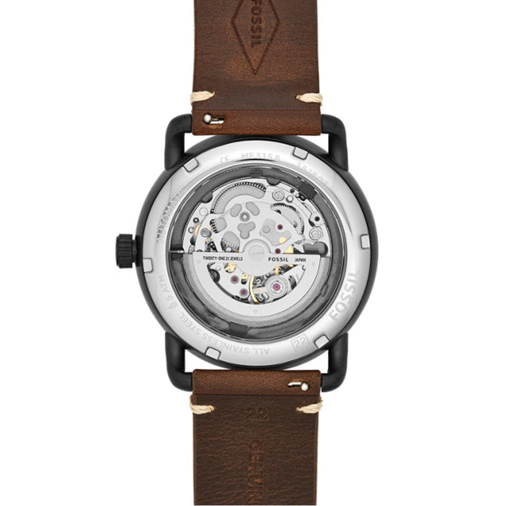 FOSSIL COMMUTER AUTOMATIC BLACK STAINLESS STEEL ME3158 BROWN LEATHER STRAP MEN'S WATCH - H2 Hub Watches