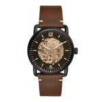 FOSSIL COMMUTER AUTOMATIC BLACK STAINLESS STEEL ME3158 BROWN LEATHER STRAP MEN'S WATCH - H2 Hub Watches