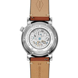 FOSSIL ME3168P BARSTOW AUTO SILVER ROUND SKELETON BLUE DIAL BROWN LEATHER MEN'S WATCH