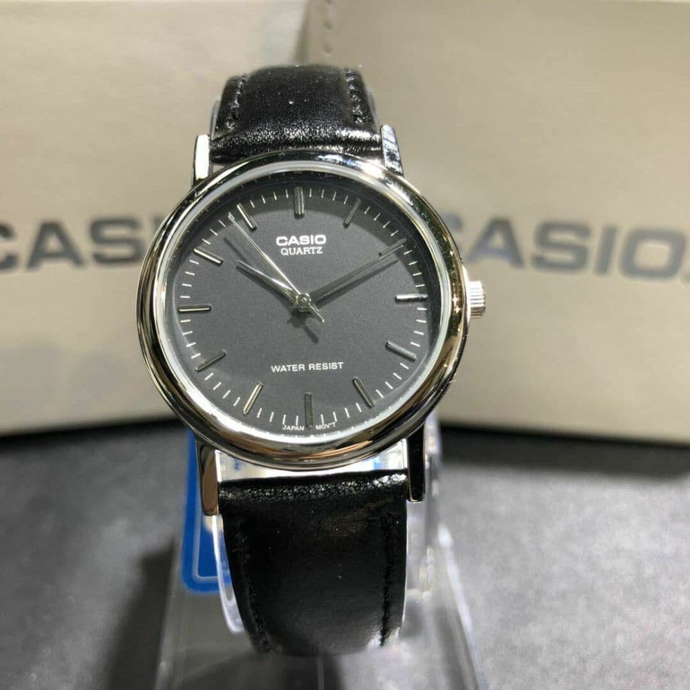 CASIO GENERAL MTP-1095E-1ADF QUARTZ SILVER STAINLESS STEEL BLACK LEATHER STRAP MEN'S WATCH - H2 Hub Watches