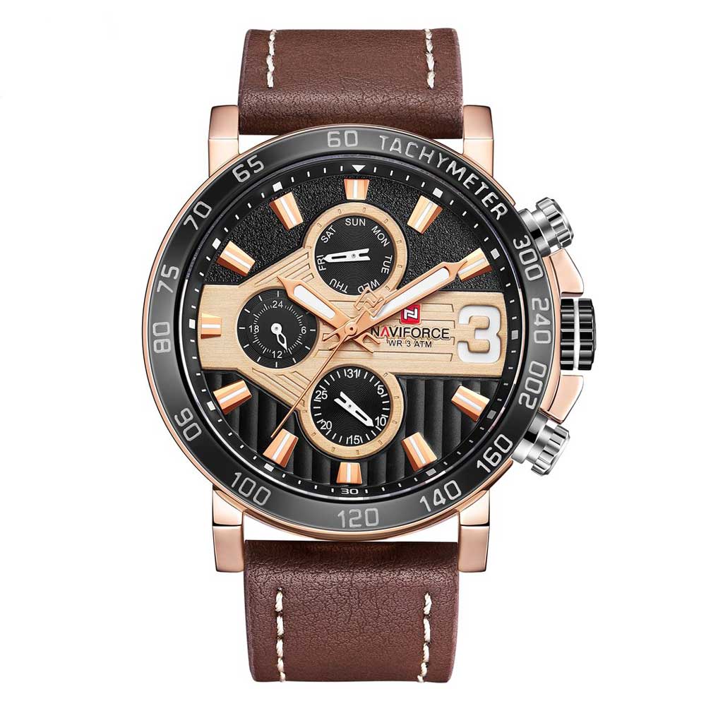 NAVIFORCE NF9137 RG/B/BN BROWN LEATHER MEN'S WATCH - H2 Hub Watches